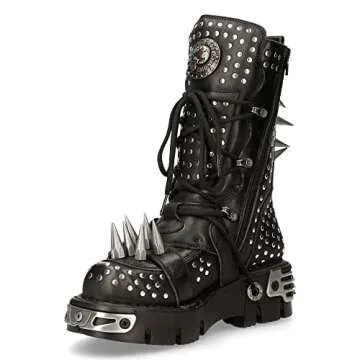 New Rock Boots 1535-S1 Womens Metallic Black Leather Goth Studded Spike Boot