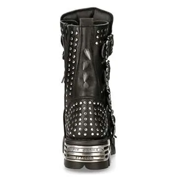 New Rock Boots 1535-S1 Womens Metallic Black Leather Goth Studded Spike Boot