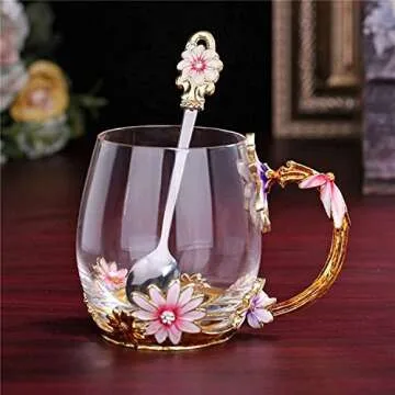 evecase daisy Flower Glass Mugs Tea Cup with Steel Spoon,Tea Lovers Gifts for Women,Wife,Mom,Female,...