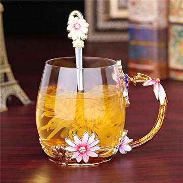 evecase daisy Flower Glass Mugs Tea Cup with Steel Spoon,Tea Lovers Gifts for Women,Wife,Mom,Female,Friends,Birthday,Mothers Day, valentines day,Christmas