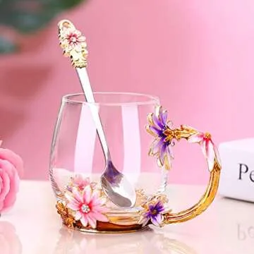 evecase daisy Flower Glass Mugs Tea Cup with Steel Spoon,Tea Lovers Gifts for Women,Wife,Mom,Female,Friends,Birthday,Mothers Day, valentines day,Christmas