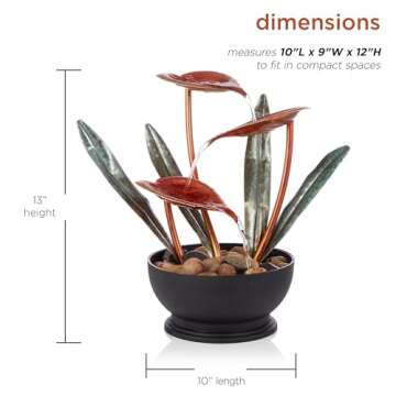 Alpine Corporation ZEN922 Indoor Tabletop Multi-Tiered Metal Tropical Leaf Water Fountain with Stone-Filled Base, 12"