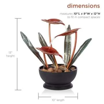 Alpine Corporation ZEN922 Indoor Tabletop Multi-Tiered Metal Tropical Leaf Water Fountain with Stone-Filled Base, 12"