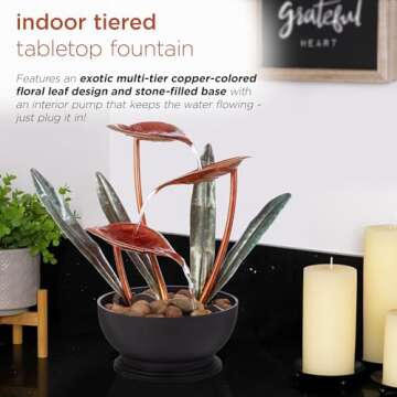 Alpine Corporation ZEN922 Indoor Tabletop Multi-Tiered Metal Tropical Leaf Water Fountain with Stone-Filled Base, 12"