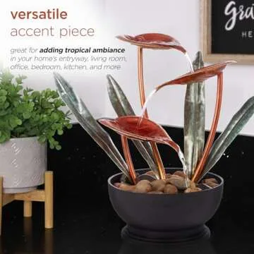 Alpine Corporation ZEN922 Indoor Tabletop Multi-Tiered Metal Tropical Leaf Water Fountain with Stone-Filled Base, 12"