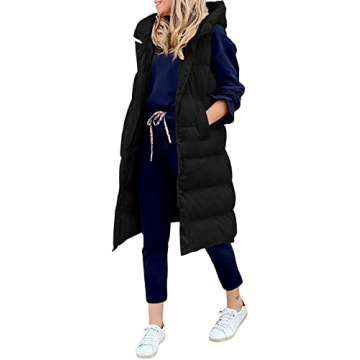 LEANI Womens Long Puffer Vest Full-Zip Hooded Sleeveless Jacket Coats with Pockets Black Large