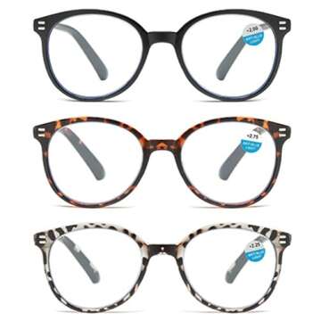 Reading Glasses for Women,3 Pack Retro Classic Round Readers with Spring Hinge Blue Light Blocking C...