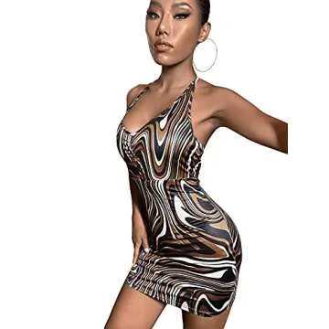SOLY HUX Women's Printed Halter Tie Back Backless Bodycon Mini Dress Marble Multicoloured M