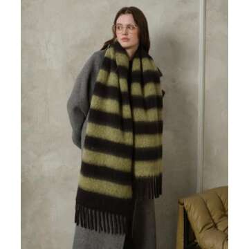MININAI Women's Fall Winter Chunky Scarves Big Thick Warm Knit Blanket Scarf Long Oversized Striped Tassel Shawls Wraps (Sage Green Black)