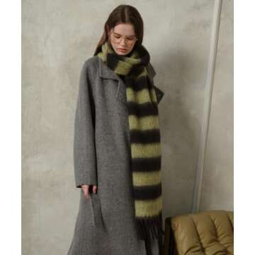 MININAI Women's Fall Winter Chunky Scarves Big Thick Warm Knit Blanket Scarf Long Oversized Striped Tassel Shawls Wraps (Sage Green Black)