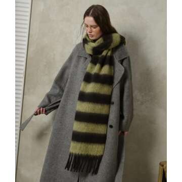 MININAI Women's Fall Winter Chunky Scarves Big Thick Warm Knit Blanket Scarf Long Oversized Striped Tassel Shawls Wraps (Sage Green Black)