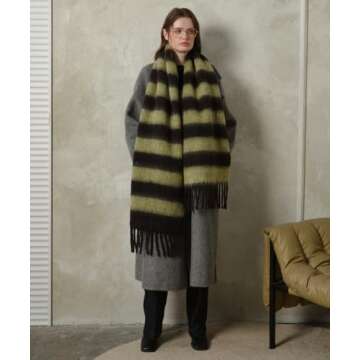 MININAI Women's Fall Winter Chunky Scarves Big Thick Warm Knit Blanket Scarf Long Oversized Striped Tassel Shawls Wraps (Sage Green Black)