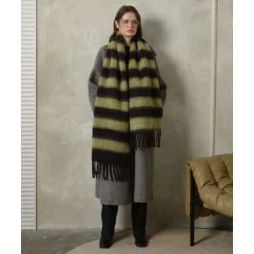 MININAI Women's Fall Winter Chunky Scarves Big Thick Warm Knit Blanket Scarf Long Oversized Striped Tassel Shawls Wraps (Sage Green Black)