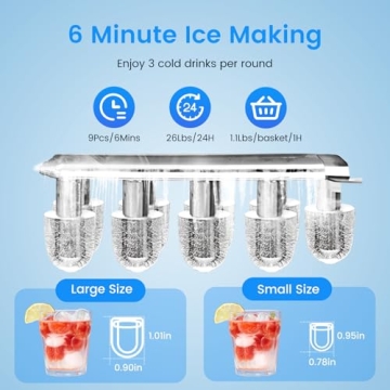 Electactic Ice Makers Countertop, 26.5lbs/24H, 9 Bullet Ice in 6 Mins, Self-Cleaning Ice Maker, 2 Sizes of Bullet Ice, Portable ice Maker for Home/Kitchen/Party/Camping, Black