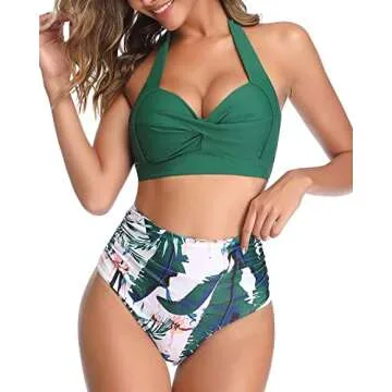 Tempt Me Women's Vintage Swimsuits Green Retro Halter Ruched High Waist Bikini with Bottom M
