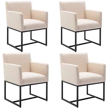 Wahson Modern Cream Dining Chairs Set of 4, Linen Mid Century Upholstered Dining Room Chairs with Arms and Black Metal Base, Accent Chairs for Dining Room/Kitchen/Living Room
