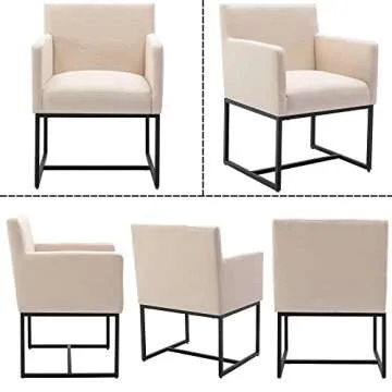 Wahson Modern Cream Dining Chairs Set of 4, Linen Mid Century Upholstered Dining Room Chairs with Arms and Black Metal Base, Accent Chairs for Dining Room/Kitchen/Living Room