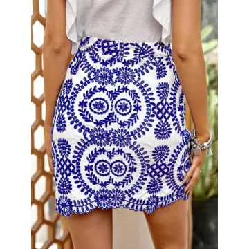 WDIRARA Women's Boho Tribal Print Scallop Trim Summer Zipper Bodycon Mini Skirt Blue and White M