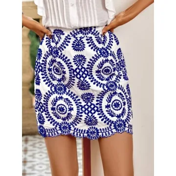 WDIRARA Women's Boho Tribal Print Scallop Trim Summer Zipper Bodycon Mini Skirt Blue and White M