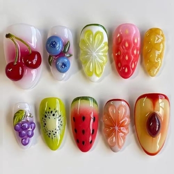 Press On Nails - Medium Almond Handmade Unique Fake Nails, Artistic Design, Thick Acrylic and Muti-L...
