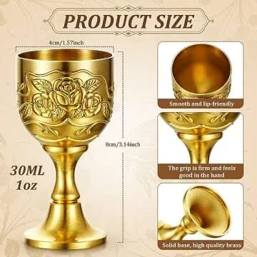 Nosiny 24 Pcs Mini Chalice Goblet Vintage Gold Goblet Copper Wine Goblet Small Chalice Cup Medieval Wine Glasses Zinc Alloy Flower Embossed Shot Glasses for First Communion Altar Drinking (1 oz)