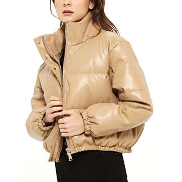 Tanming Womens Faux Leather Puffer Jacket Winter Long Sleeve Black Short Bubble Coat（Khaki-S）