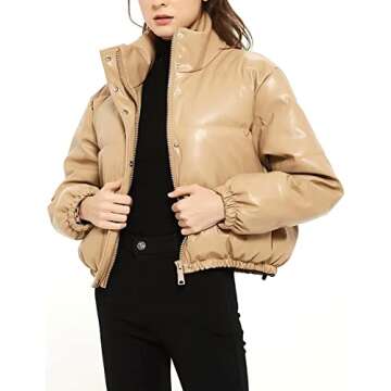 Tanming Womens Faux Leather Puffer Jacket Winter Long Sleeve Black Short Bubble Coat（Khaki-S）