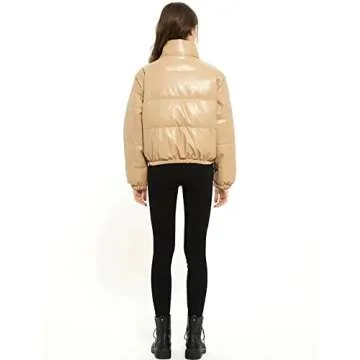 Tanming Womens Faux Leather Puffer Jacket Winter Long Sleeve Black Short Bubble Coat（Khaki-S）
