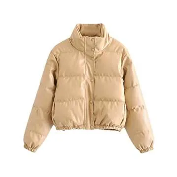 Tanming Womens Faux Leather Puffer Jacket Winter Long Sleeve Black Short Bubble Coat（Khaki-S）