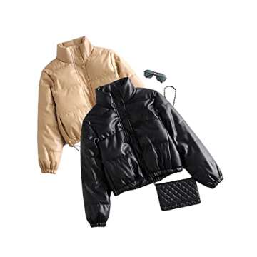 Tanming Womens Faux Leather Puffer Jacket Winter Long Sleeve Black Short Bubble Coat（Khaki-S）