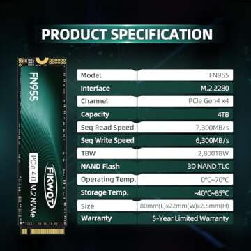 Fikwot FN955 4TB NVMe SSD M.2 2280 PCIe Gen4x4, Up to 7300MB/s, Internal Solid State Drive, Configure TLC Cache, Storage and Memory Expansion for PS5 Laptop Desktop