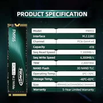 Fikwot FN955 4TB NVMe SSD M.2 2280 PCIe Gen4x4, Up to 7300MB/s, Internal Solid State Drive, Configure TLC Cache, Storage and Memory Expansion for PS5 Laptop Desktop