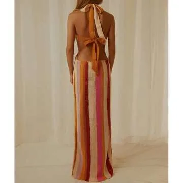 NUFIWI Women Crochet Knit Print Maxi Dress Hollow Out Halter Neck Long Dress Sexy Slim Fit Backless Going Out Beach Wear