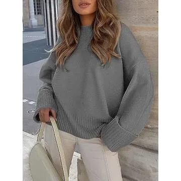 ANRABESS Women's Oversized Crewneck Long Sleeve Fuzzy Knit Casual Chunky Warm 2024 Fall Pullover Sweaters Top Trendy Outfits Grey Small