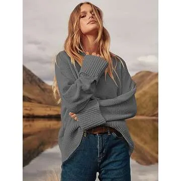 ANRABESS Women's Oversized Crewneck Long Sleeve Fuzzy Knit Casual Chunky Warm 2024 Fall Pullover Sweaters Top Trendy Outfits Grey Small