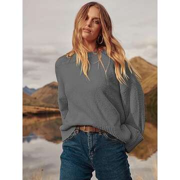 ANRABESS Women's Oversized Crewneck Long Sleeve Fuzzy Knit Casual Chunky Warm 2024 Fall Pullover Sweaters Top Trendy Outfits Grey Small