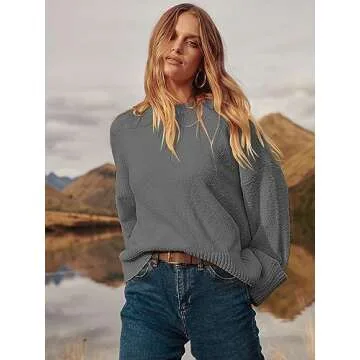 ANRABESS Women's Oversized Crewneck Long Sleeve Fuzzy Knit Casual Chunky Warm 2024 Fall Pullover Sweaters Top Trendy Outfits Grey Small