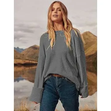 ANRABESS Women's Oversized Crewneck Long Sleeve Fuzzy Knit Casual Chunky Warm 2024 Fall Pullover Sweaters Top Trendy Outfits Grey Small
