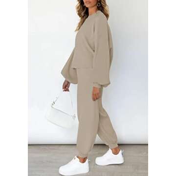 Viottiset Women's 2 Piece Outfits Sweater Set Long Sleeve Casual Knit Pullover Sweatsuit Loungewear Khaki L