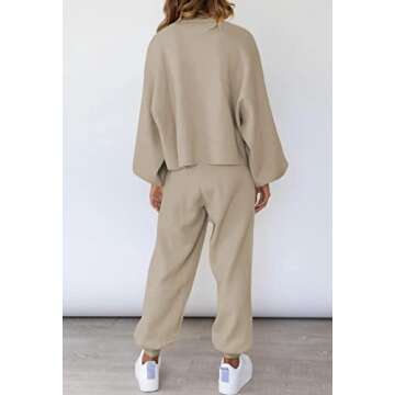 Viottiset Women's 2 Piece Outfits Sweater Set Long Sleeve Casual Knit Pullover Sweatsuit Loungewear Khaki L