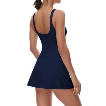 FOMELY Tennis Dresses for Women,Women U Neck Athletic Dress Tennis Dress with Built in Shorts and Bra for Sleeveless Golf Dresses for Women Side Slit Workout Dress Flare Mini Dresses Dark Blue