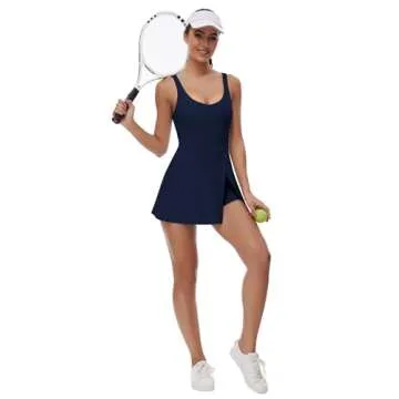 FOMELY Tennis Dresses for Women,Women U Neck Athletic Dress Tennis Dress with Built in Shorts and Bra for Sleeveless Golf Dresses for Women Side Slit Workout Dress Flare Mini Dresses Dark Blue