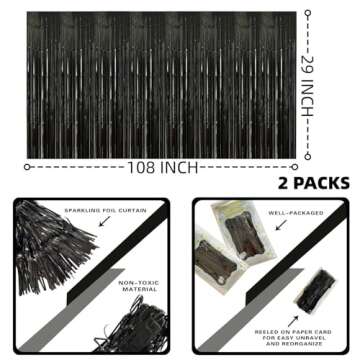 Black Streamers Party Decorations, 2 Packs Black Table Skirts Metallic Foil Fringe Tinsel