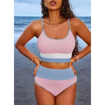 Herseas 2 Piece High Waisted Bikini Set in Color Block Design