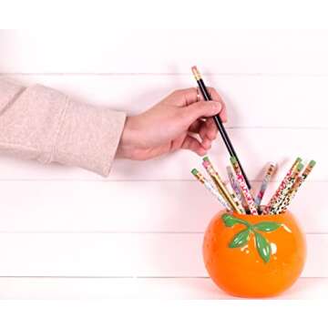 Steel Mill & Co Ceramic Orange Vase, Cute Flower Vase, Unique Vase for Office Supplies, Pen and Pencil Holder, Vintage Decor for Home or Office, Small Round Vase and Desk Organizer