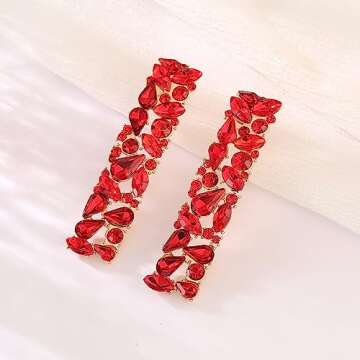 Red Rhinestone Long Drop Dangle Earrings Trendy Crystal Geometric Statement Earrings for Women Evening Cocktail Party Prom