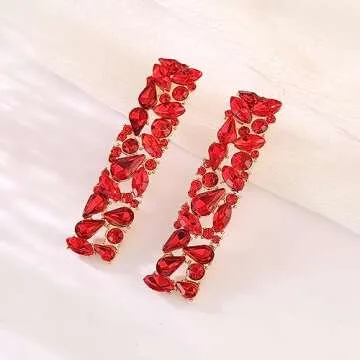 Red Rhinestone Long Drop Dangle Earrings Trendy Crystal Geometric Statement Earrings for Women Evening Cocktail Party Prom