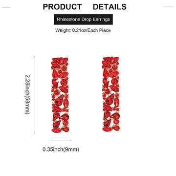 Red Rhinestone Long Drop Dangle Earrings Trendy Crystal Geometric Statement Earrings for Women Evening Cocktail Party Prom