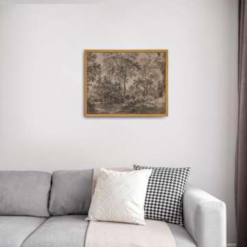 Roslynity Framed Canvas Wall Art Vintage Print Moody Wooded Landscape Paintings Watercolor Brown Dark Woodland Drawing Retro Aesthetic Artwork for Home Living Room Bathroom Wall Decor (8"x10")