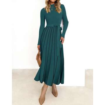 ZESICA Womens Spring Turtleneck Long Sleeve Sweater Dress Tie Waist Casual Loose Ribbed Knit A Line ...
